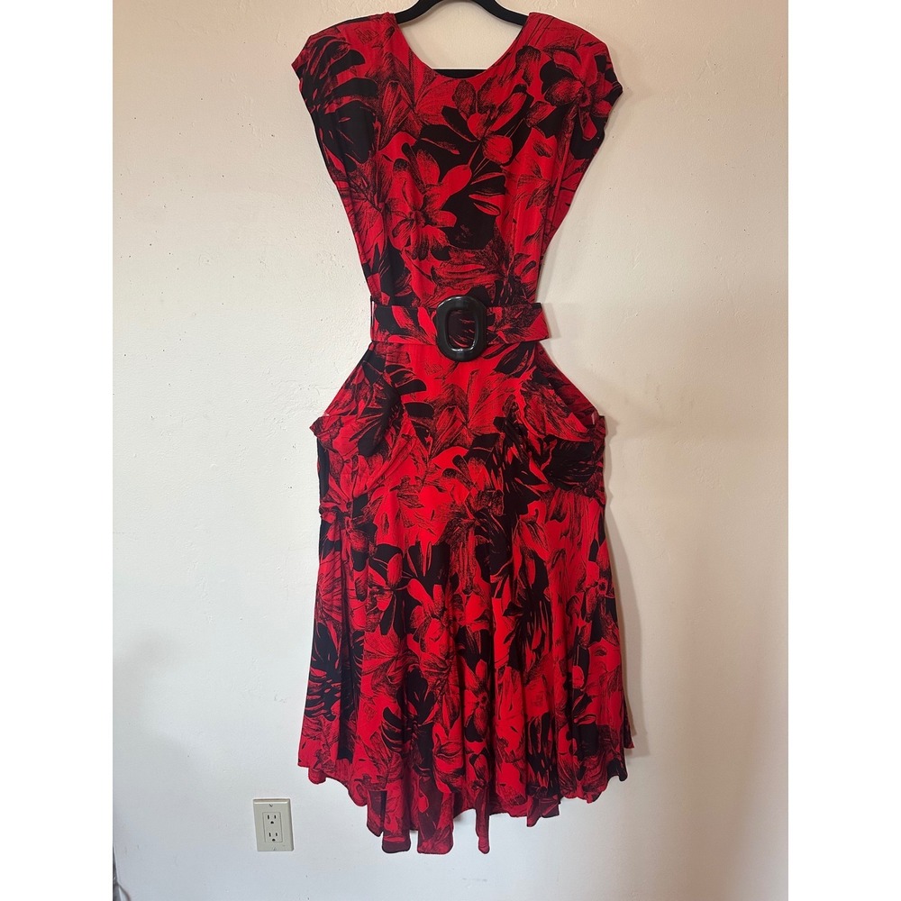 Joni Blair of California Vintage Red Black Floral Belted Midi Dress Size 9 - Picture 3 of 16